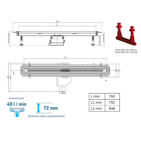 Σχάρα, κανάλι ντουζιέρας Confluo Slim Line 1150 1150x4 cm code 5206836502687